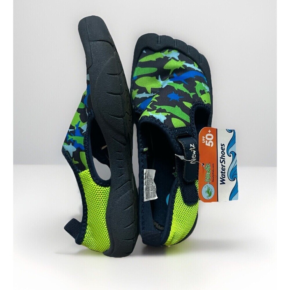 Boys NEWTZ Swim Water Shoes Size 13/1 Sharks Fishing Neon Green and Blue NWT